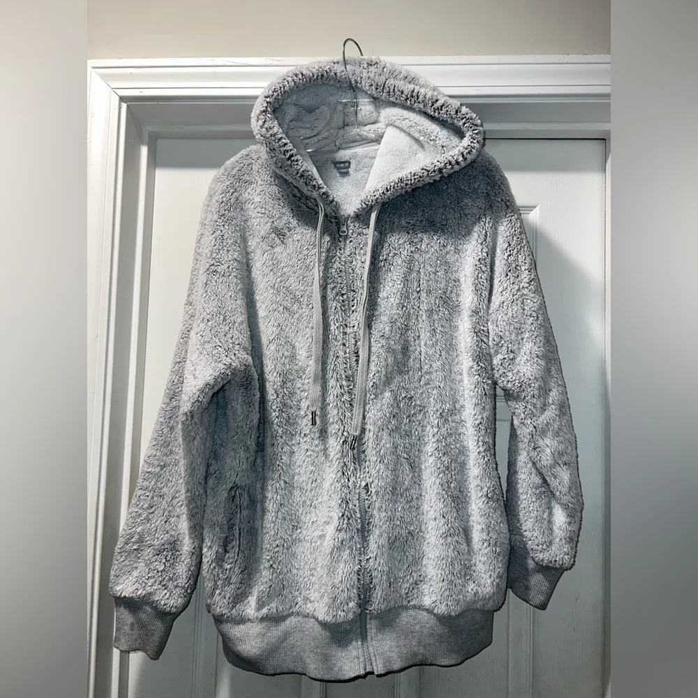 Aerie Women's Sherpa Sz Small “Oversized” Full Zip Hooded Jacket Gray Faux Fur - Picture 8 of 12
